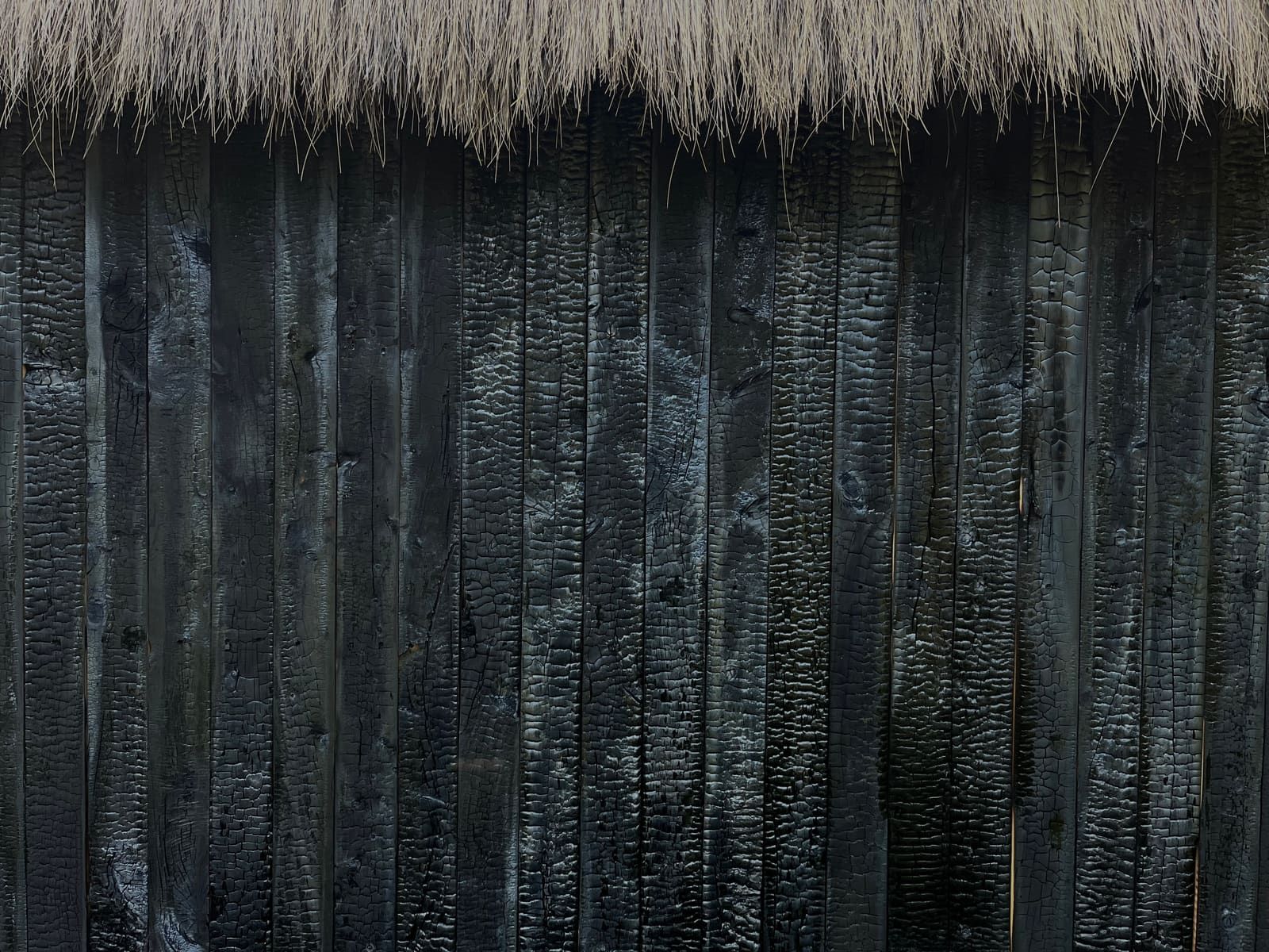 Madera carbonizada en superficie — la capa carbonizada protege el núcleo del fuego